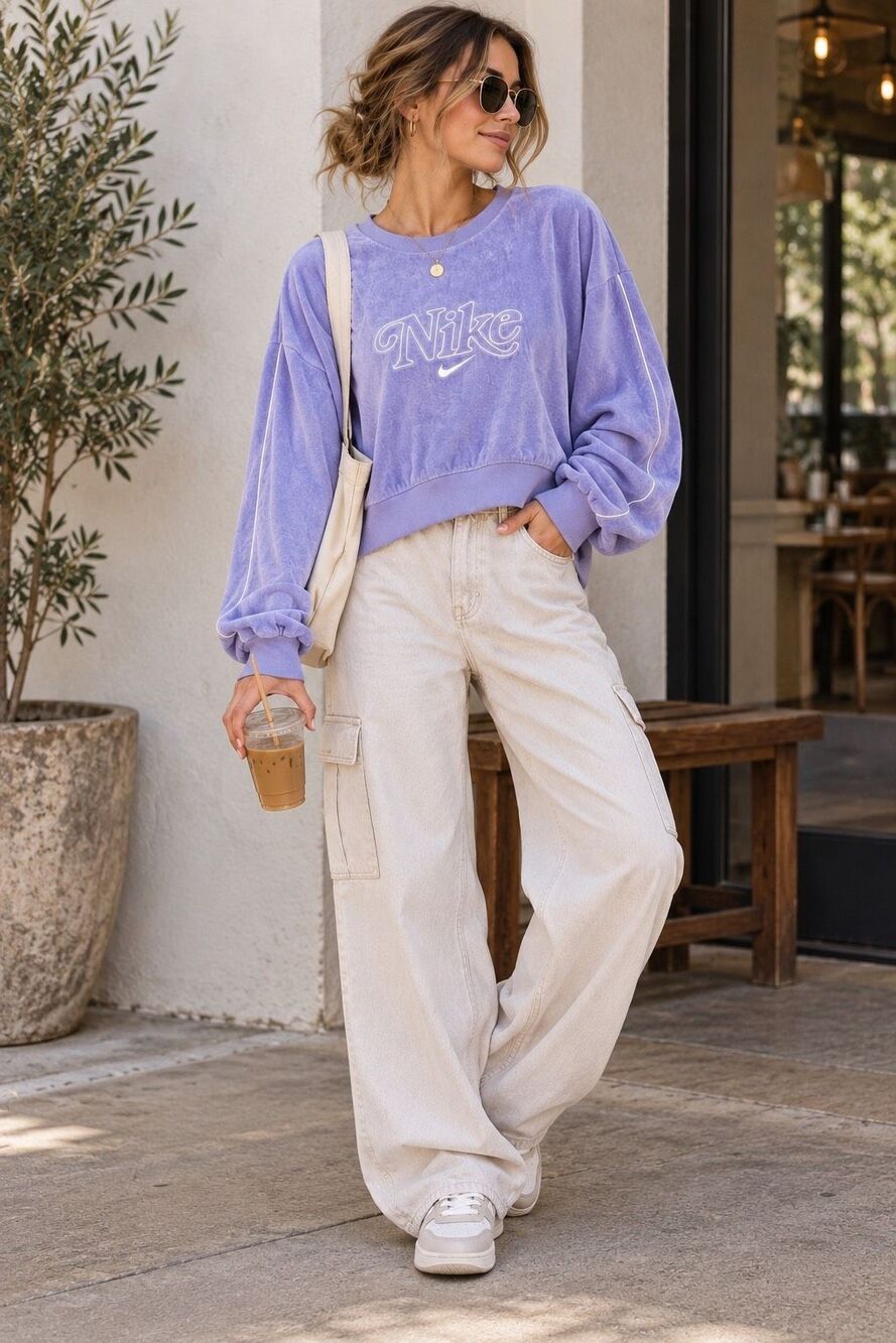 Nike Retro Femme Terry Sweatshirt M Lavender Cropped Oversized Y2K Athleisure Sp